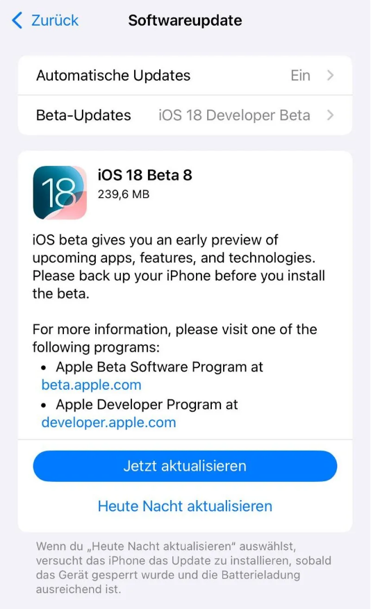 高陵苹果手机维修分享苹果 iOS / iPadOS 18 开发者预览版 Beta 8 发布 